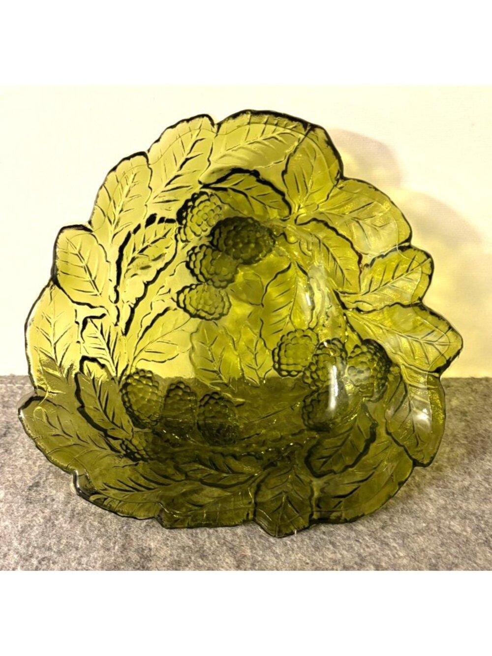 Vintage Indiana Glass Loganberry Design Olive Green Candy Dish  # 3394